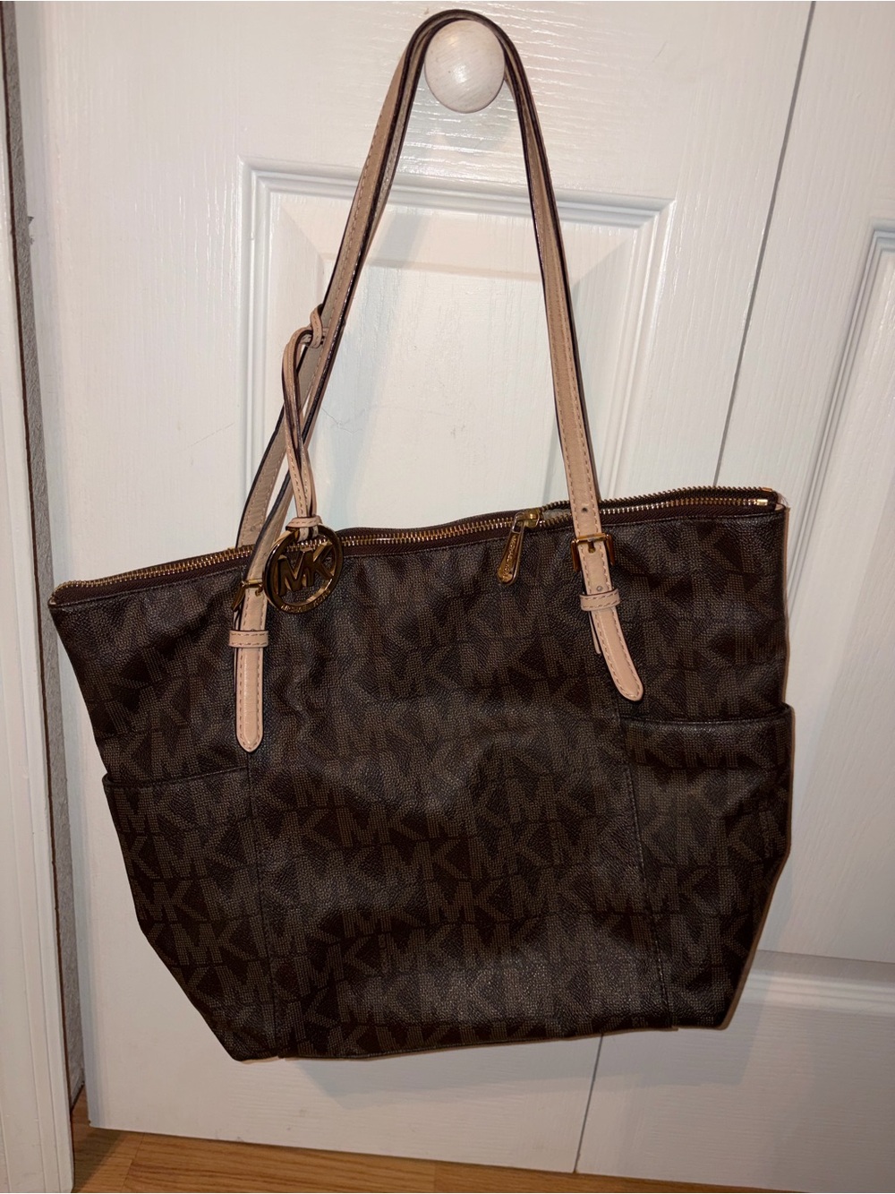 Michael Kors Brown MK Logo Tote with Pale Pink Straps